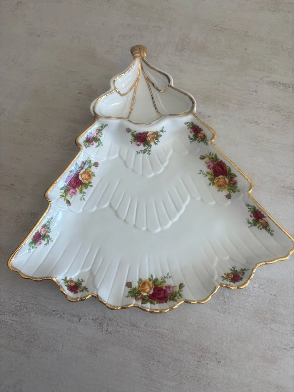 Porcelain Holiday Tree Serving Dish with Gold Trim Royal Albert old country rose